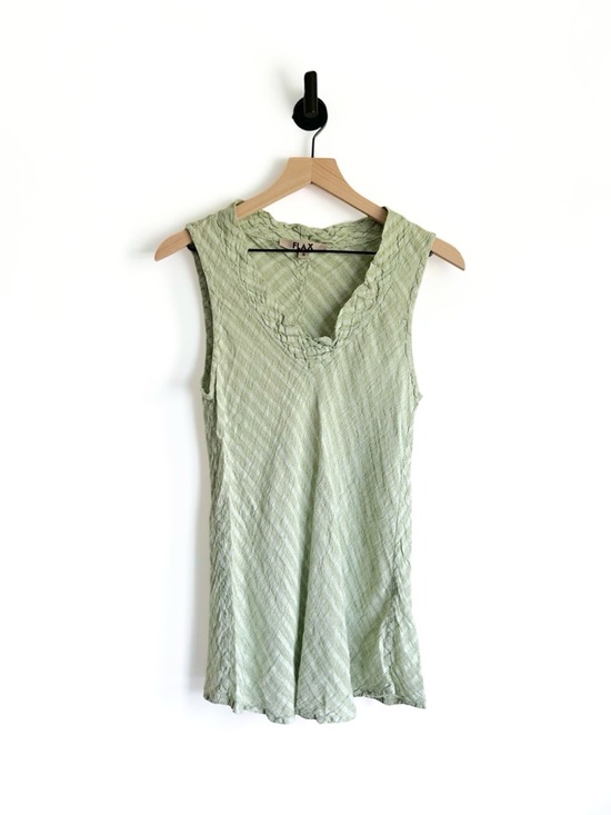 Flax Tops - FLAX Green 100% Linen Stripe V Neck Sleeveless Top Womens S